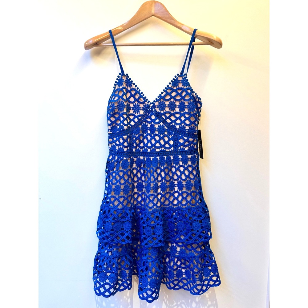 Lulu's Cobalt Crochet Lace Spaghetti Strap Mini Dress